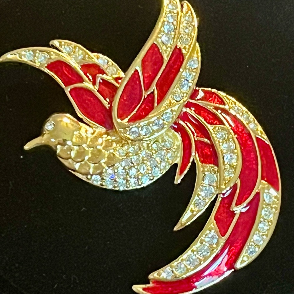 Giorgio Red Enamel Crystal Bird Brooch Gold Tone Vintage Statement Pin